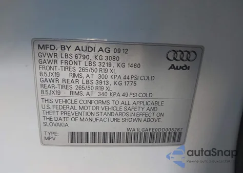 2013 Audi Q7 3.0T Premium from USA, damaged, VIN WA1LGAFE0DD005287